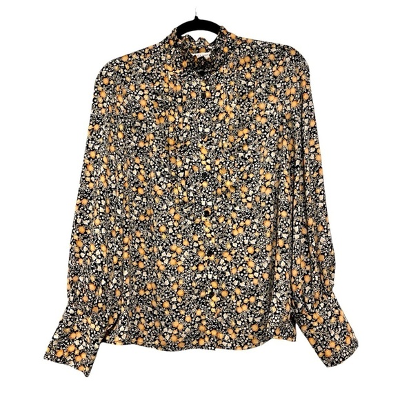 Nili Lotan Pleated Floral Balloon Sleeve Button Down High Neck Blouse M Black - Picture 1 of 9